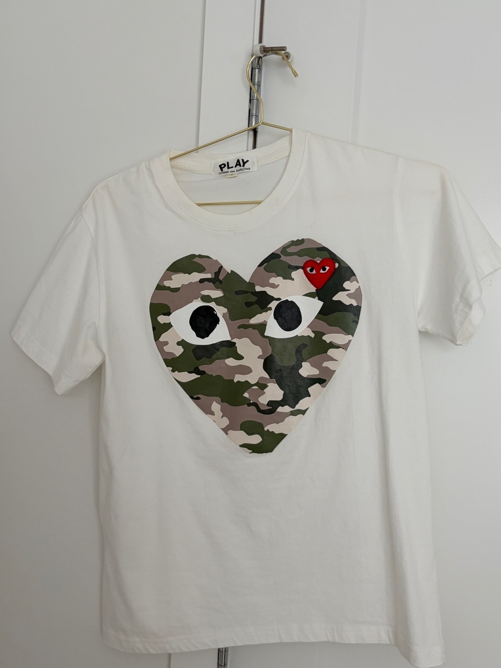 Comme des Garcons PLAY White Tee with Camo Heart and Red Heart Patch